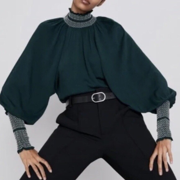 NWT Zara Smock Blouse- Green - Picture 2 of 5